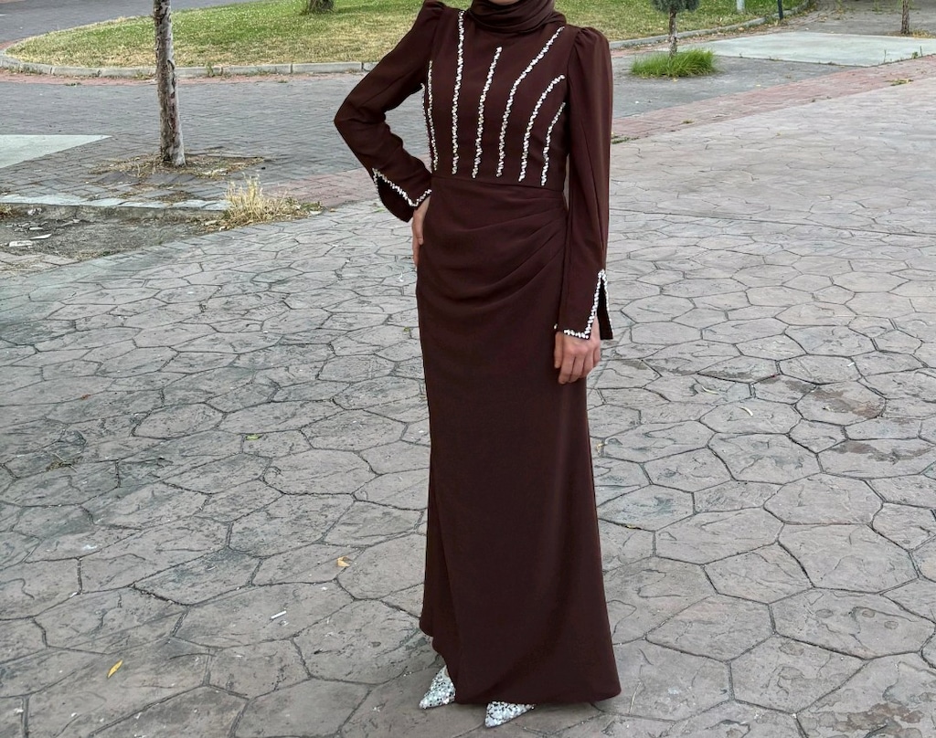 Kahverengi Balık Tesettür Abiye - 2