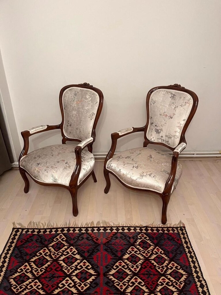 Antika Ceviz Yeni Döşenmiş Çift Berjer - 19