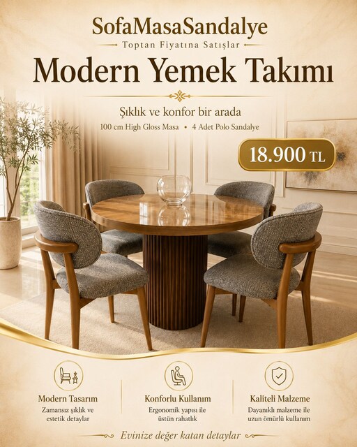 100 cm High Gloss Masa Takımı – 4 Polo Sandalye