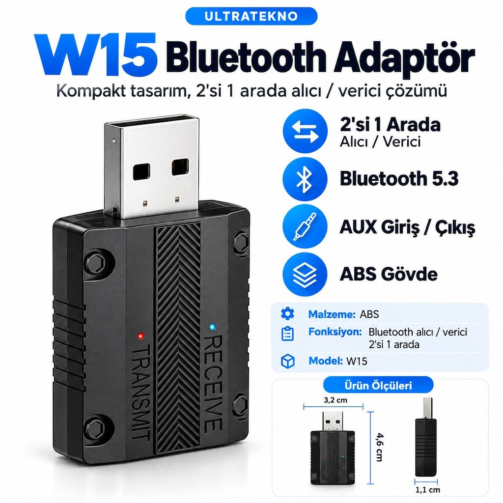 W15 Bluetooth 5.3 AUX Alıcı Verici RX TX Araç TV PC Ses Adaptörü - 5