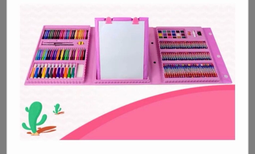 Pembe Katlanır Çizim Seti Renkli Kalemler ve Easelle - 4