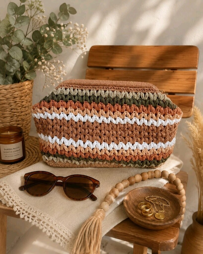 El Örgüsü Burs Kapamalı Rafya İp Clutch Çanta