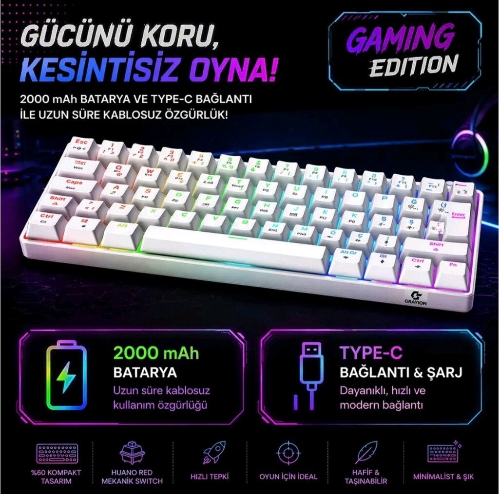 Gravion Kyra MK61 bluetooth+2.4G+kablolu mekanik gaming klavye - 5