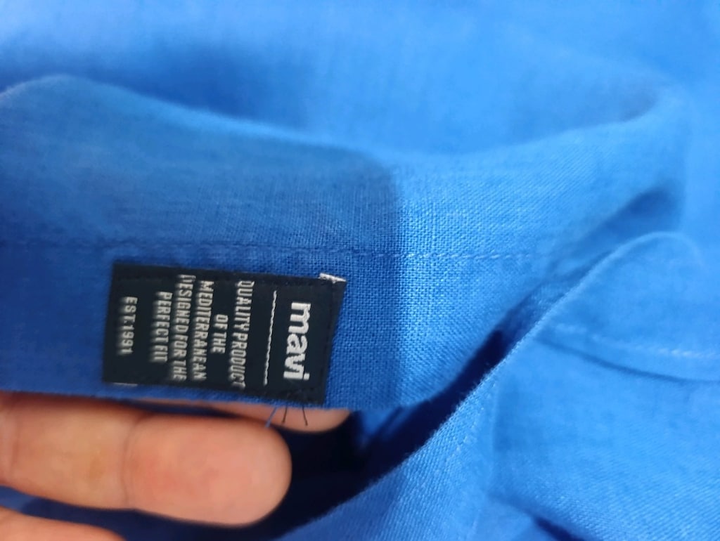 Mavi Keten Beyaz düğme detaylı Keten Gömlek - 4