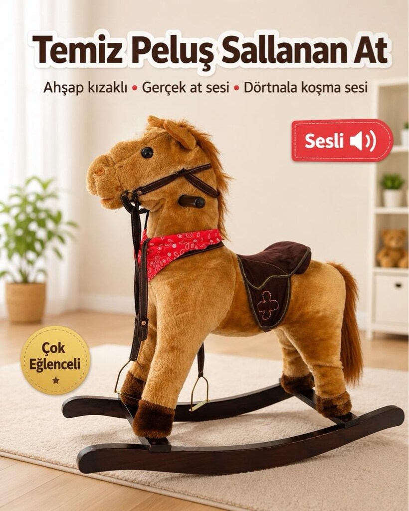 Peluş Sallanan At – Ahşap Kızaklı, Gerçek At ve Dörtnala Koşma Sesli - 5