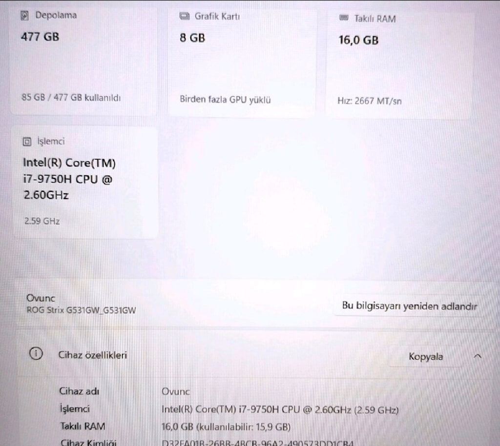 ASUS ROG STRIX / 8 GB RTX2070 / 16 Ram / İ7 İşlemci / 500 Ssd / 120 HZ - 12