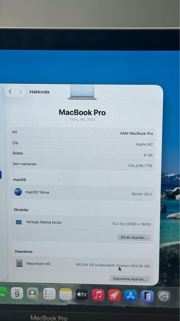 MacBook Pro M2 13” 8 GB RAM 512 GB SSD PİL DEVRİ : 9 HATASIZ GARANTİLİ - 8
