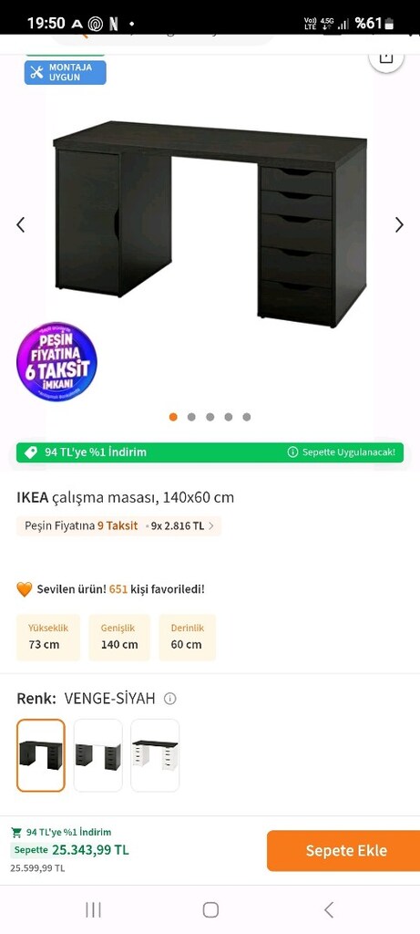 Çalışma masası İKEA Uzunluk: 140 cm Genişlik: 60 cm Yükseklik: 73 cm - 5