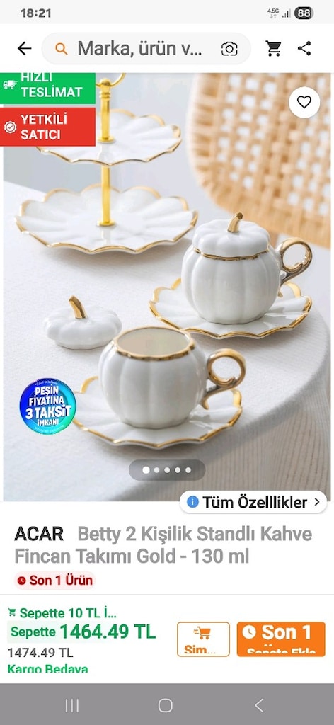 ACAR HOME LÜX PORSELEN KABAK SUNUMLU 2 Lİ FİNCAN TAKIMI GOLD SIFIR - 10