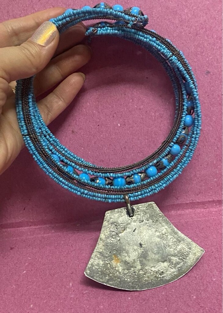 Vintage El İşçiliği Mavi Cam Boncuklu Choker ( Tasma ) Kolye - 5