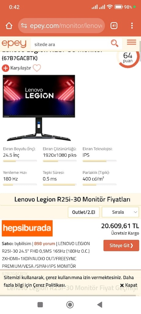 24.5 İNC LENOVO LEGİON 180 HZ GAMİNG..PİVOT. HDMİ_DİSPLAY_ GARANTİLİ - 6