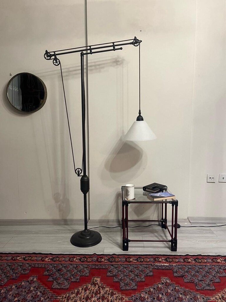 Asansörlü Opal Camlı Bronz Lambader - 7