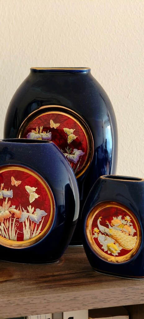Antika Japon Chokin Art 24K Altın İşlemeli Üçlü Vazo Seti - 6