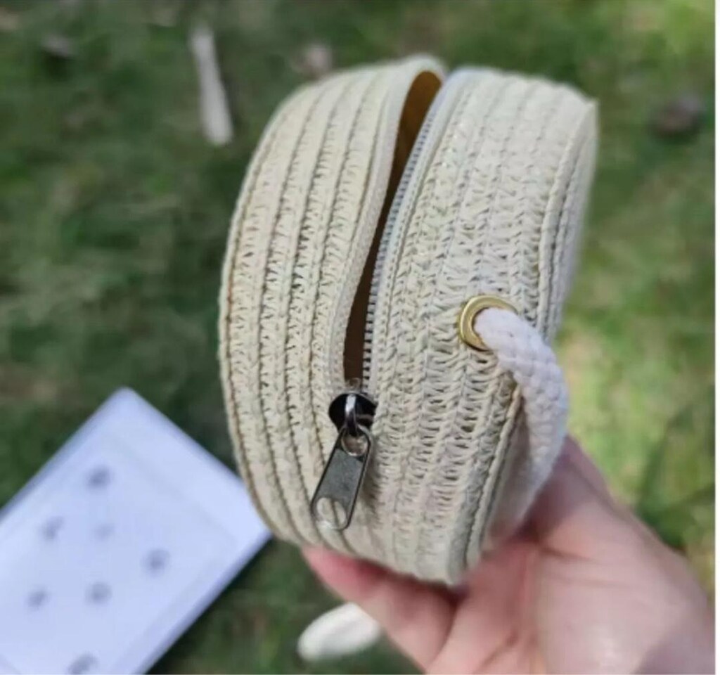 El Yapımı Hasır Çanta Yuvarlak Yaz Plaj Dokuma Omuz Çantası 12x12 cm - 5