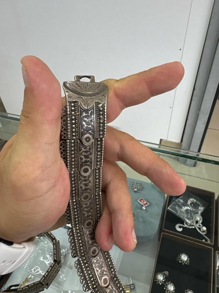 antika yüz yıllık derili hattat işlemeli gümüş kemer - 5