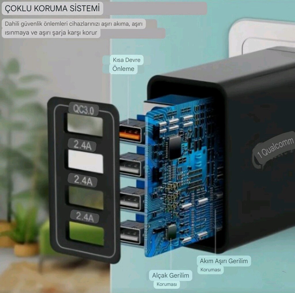 4 Portlu USB Şarj CihazıHızlı Şarj 3.0 PD Tip C Telefon Adaptörü - 5