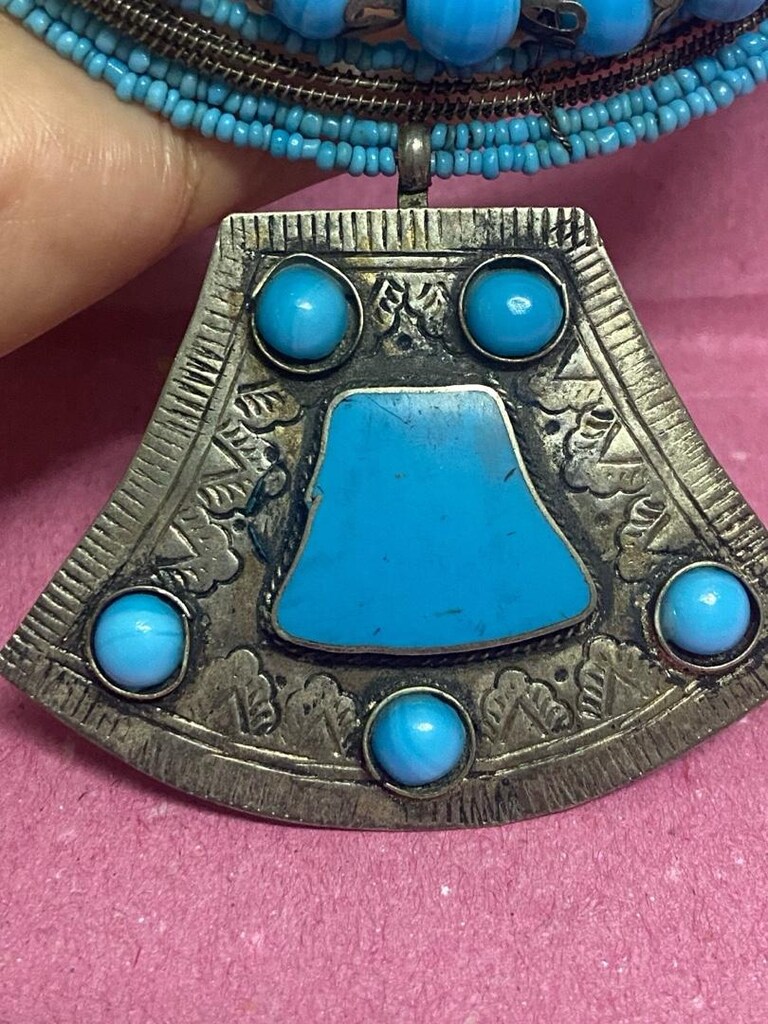 Vintage El İşçiliği Mavi Cam Boncuklu Choker ( Tasma ) Kolye - 6