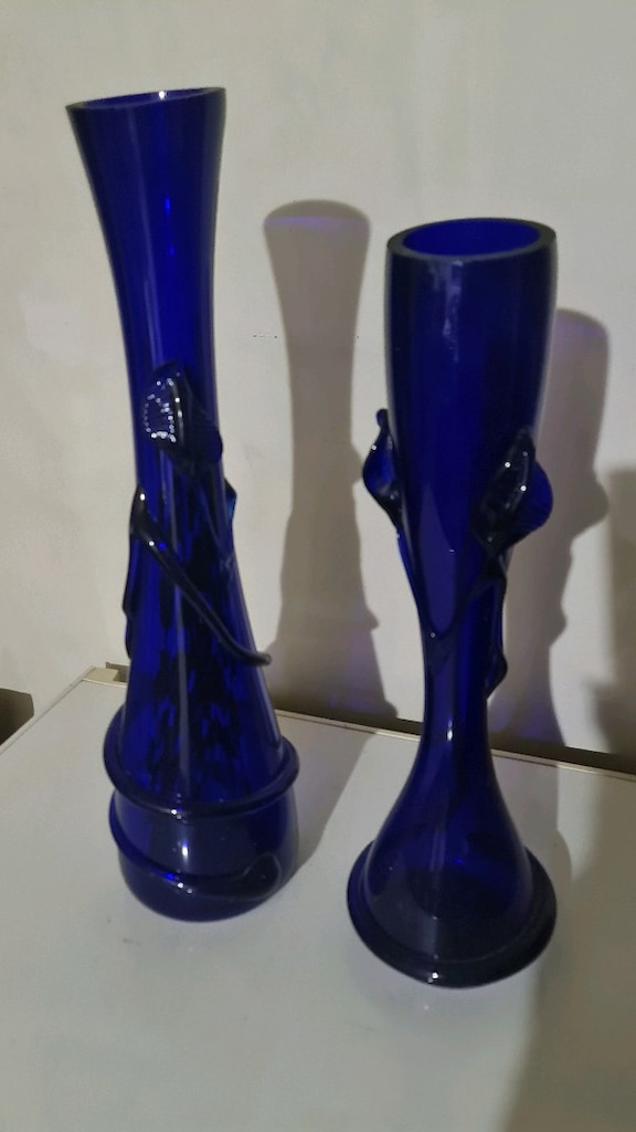 Antika / Vintage Murano Tarzı Kobalt Mavi Çift Cam Vazo, 47 cm ve 41cm - 3