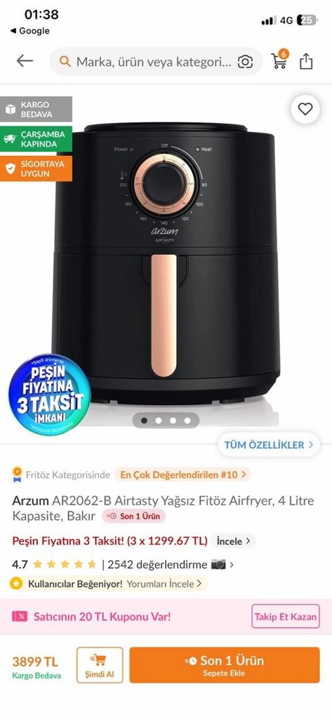 ARZUM 4 LİTRE AİRFRY / GOLDEN ROSE - 7