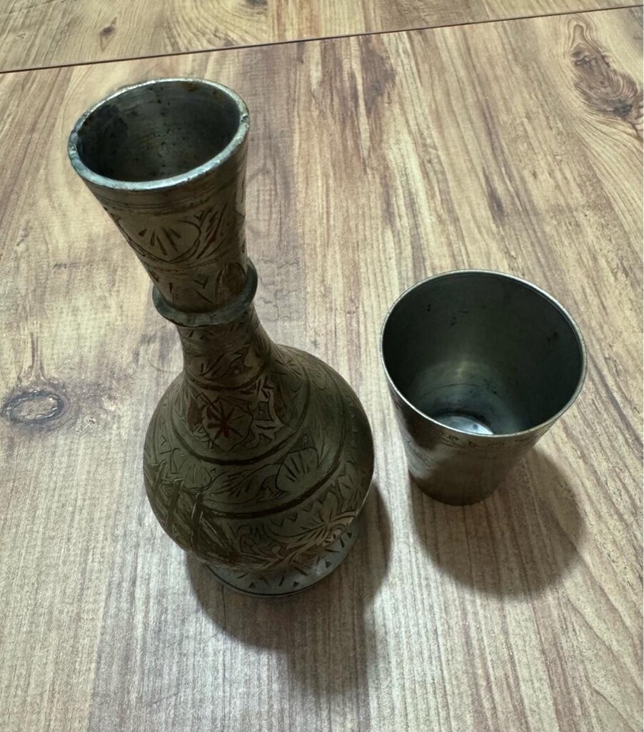Antika İşlemeli Metal Sürahi ve Bardak Seti - 10