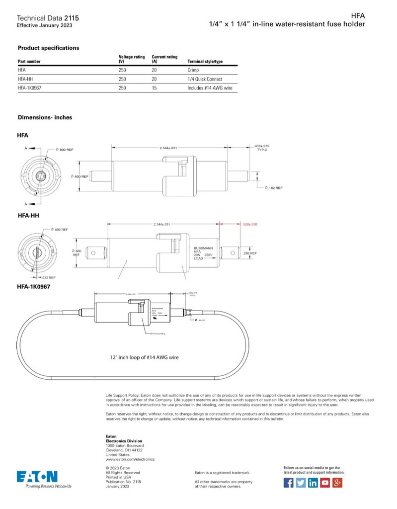 EATON BUSSMANN HFA IN-LINE 20A Fuse Holder - 3