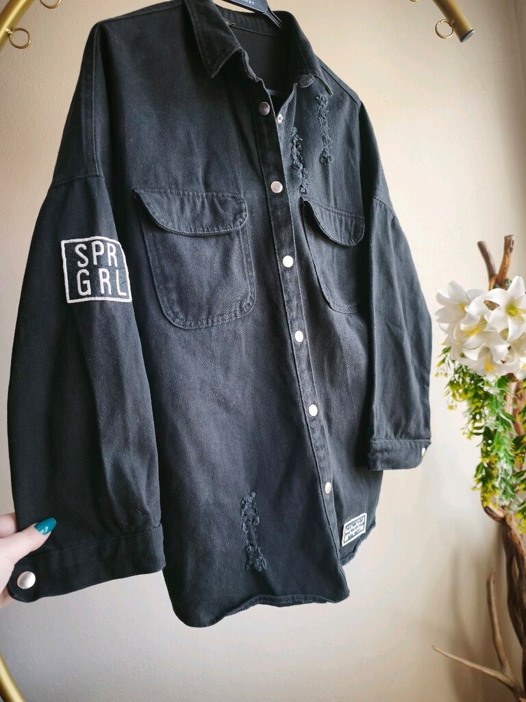 Siyah Yıpratmalı Armalı Denim Ceket Gömlek – L Beden - 2
