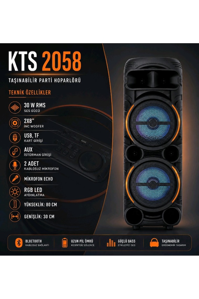 KTS-2058 - Çift Mikrofonlu 30W - 80 Cm - RGB Işıklı Bluetooth Hoparlör - 2