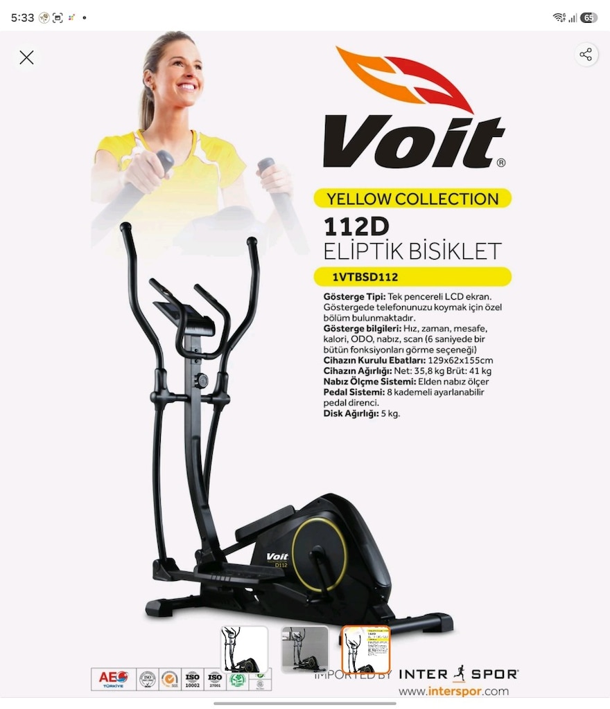 Voit Yellow Collection 112D Manyetik Eliptik Bisiklet 8 Kademe Direnç - 3