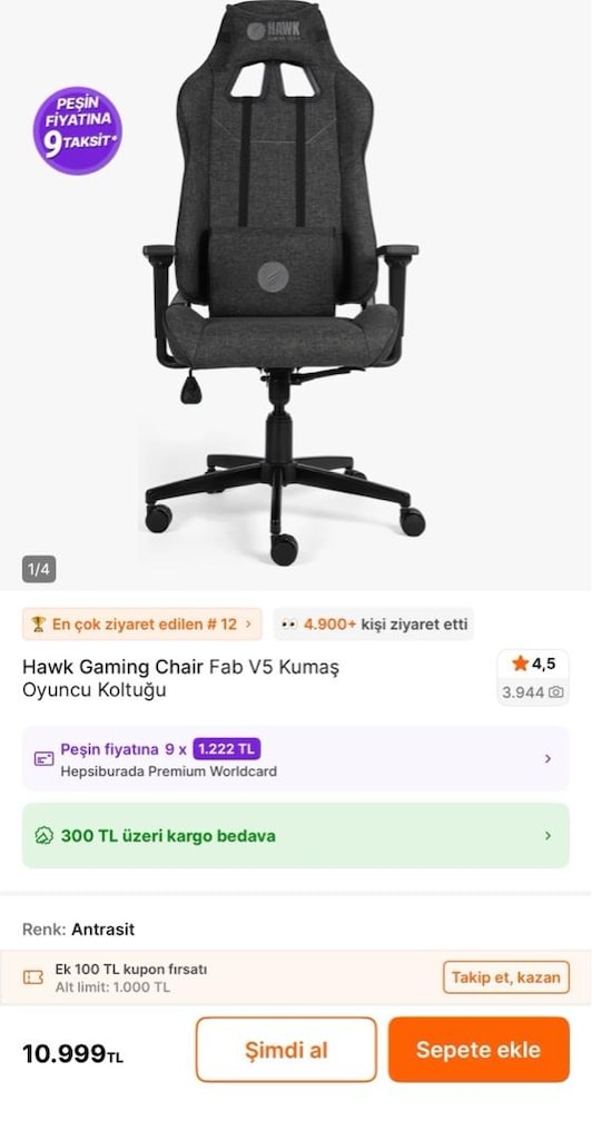 Oyuncu Koltuğu // Hawk Gaming Chair Fab V5 // Antrasit Rengi - 6