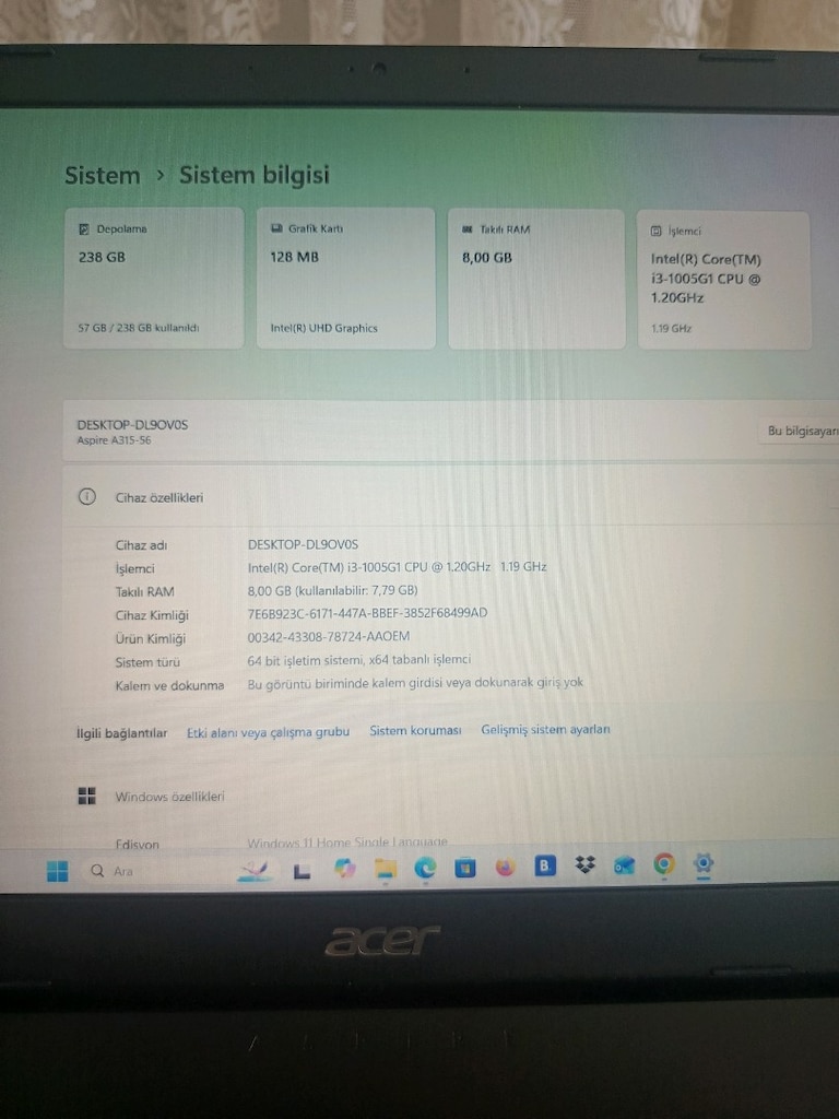 Acer 10.nesil i3 işlemcili 8 GB DDR4 Ram Full HD 256 M2 SSD sıfır gibi - 5