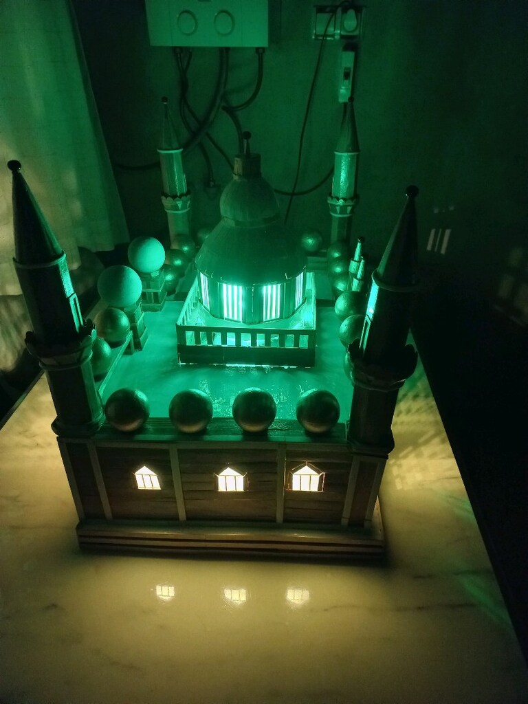 Led ışıklı 4 minareli el yapımı ahşap cami maketi - 14