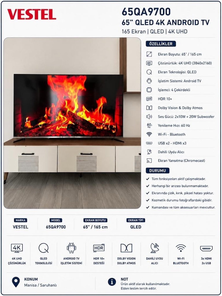 Vestel 65 Ekran Qled 4K Andoıd TV
