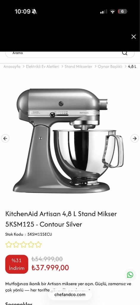 Artisan Kitchenaid 4.8 L Contour Silver - 4