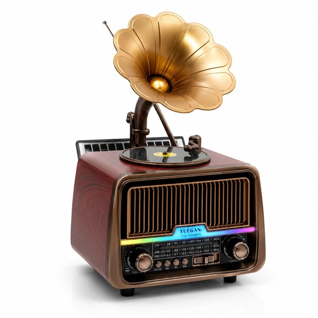 Gramafon Bluetooth Radyo Güneş Enerjili USB TF Kart Destekli Müzik