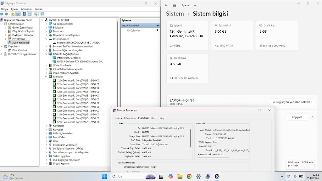 14 Ay Garanti + İ5 12450HX + 6 GB RTX 3050 + 8 GB DDR5 RAM + 512 SSD - 4