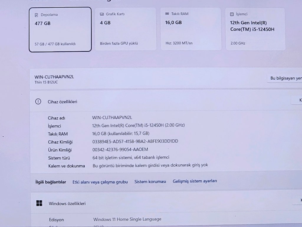 Msi i5 12450H RTX 3050 16GB Ram 512GB SSD - 6
