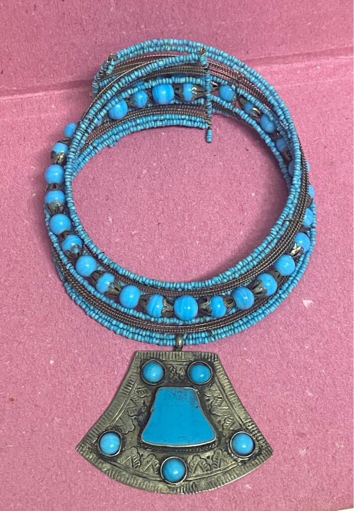 Vintage El İşçiliği Mavi Cam Boncuklu Choker ( Tasma ) Kolye - 12