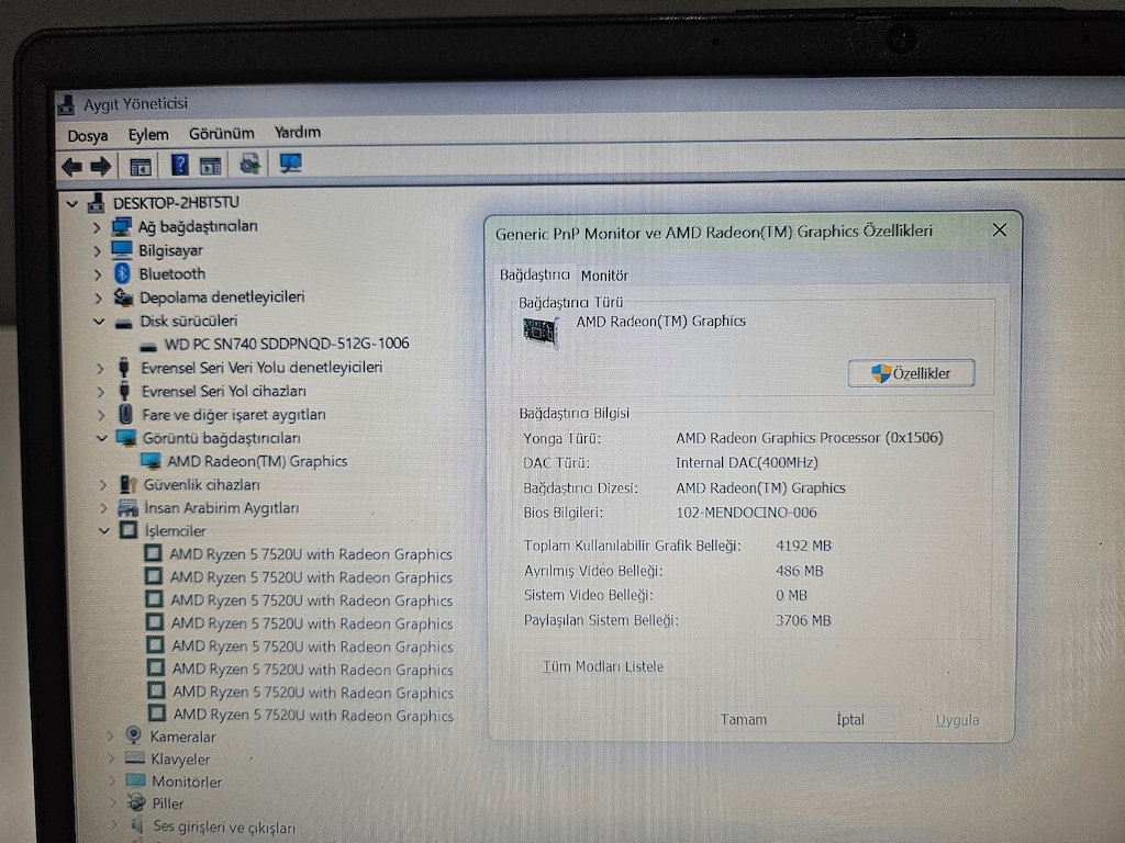 HP RYZEN 5 7520U+ 500 GB SSD+ IŞIKLI KLAVYE + FULL HD EKRAN - 10