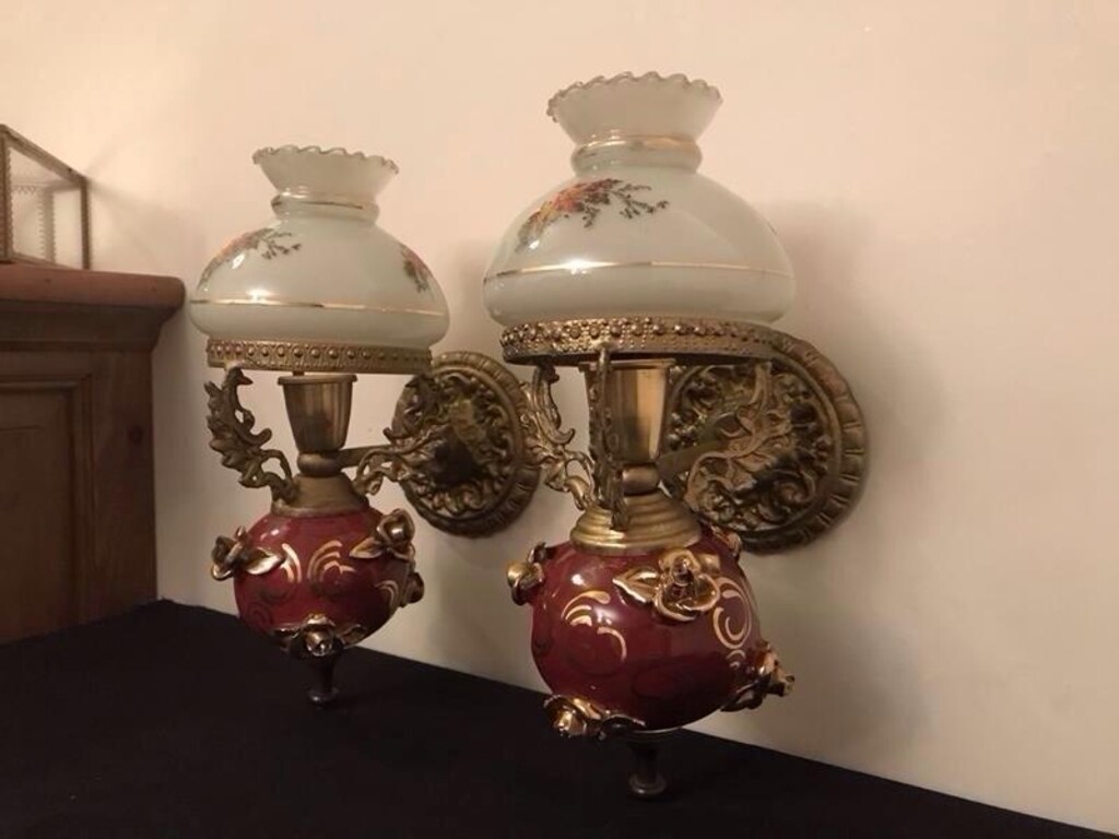 Antika Orjinal İtalyan Capodimonte Porselen Pirinç Çift Aplik - 2