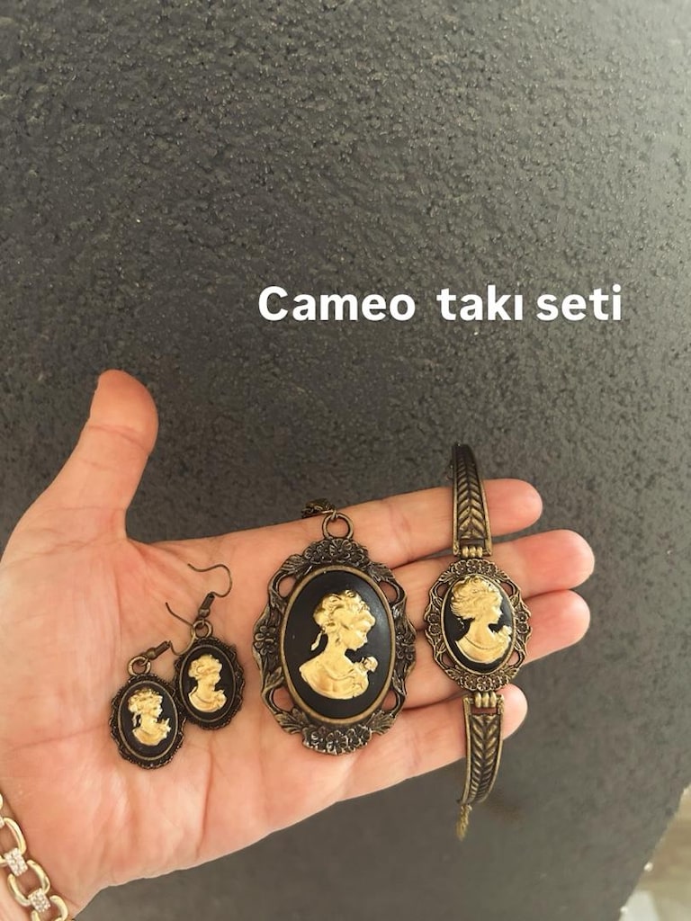 siyah altın Vintage Cameo takı seti