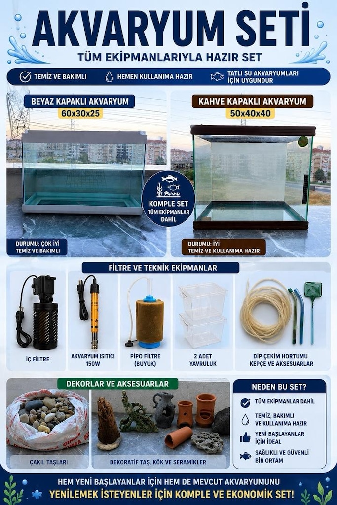 2 ADET AKVARYUM FULL SET NAKİT YADA LEPİSTES TAKASLI
