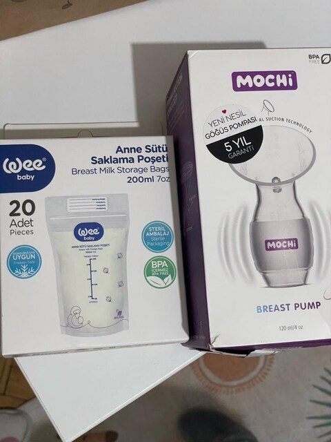 mochi göğüs pompası ve wee baby süt saklama poşeti