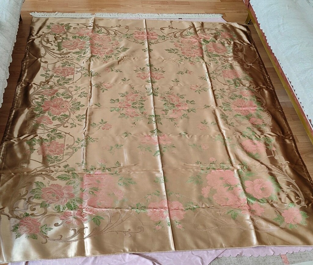 vintage altın goblen brokar saten kumaş yatak örtüsü - 4