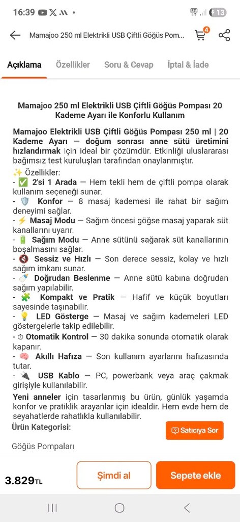 Mamajoo 250 ml Elektrikli USB Çiftli Göğüs Pompası 20 Kademe Ayarı ile - 5