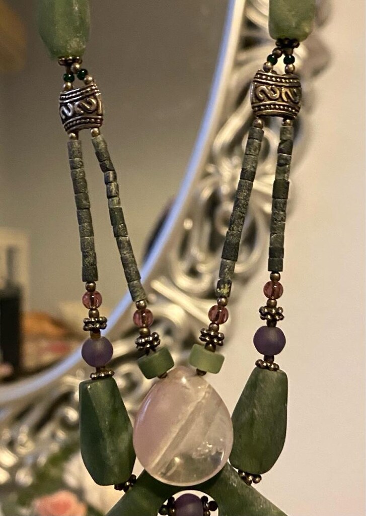 Vintage El Yapımı Yeşim Taşı & Pembe Kuvars Kolye - 10