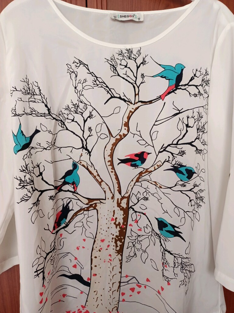 Kuşlu Beyaz Bisiklet Yaka Bluz - 3