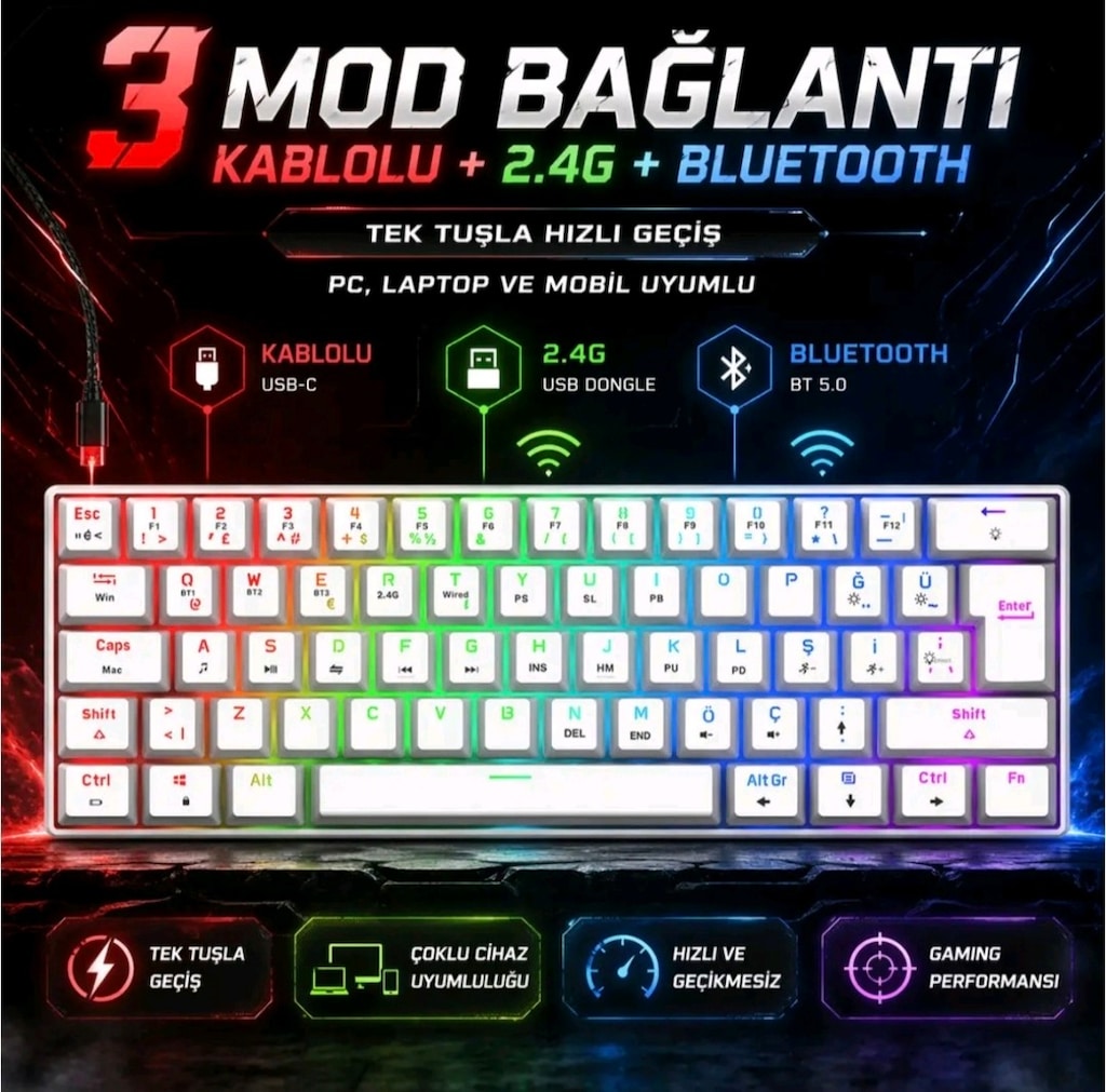 Gravion Kyra MK61 bluetooth+2.4G+kablolu mekanik gaming klavye - 2