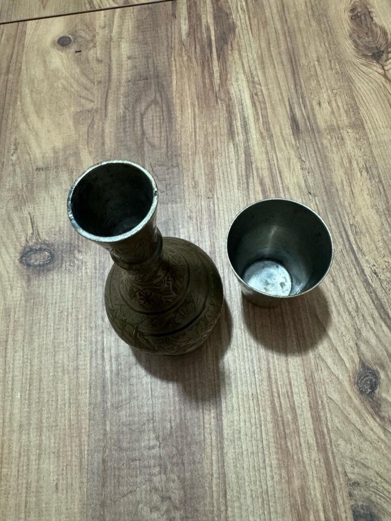Antika İşlemeli Metal Sürahi ve Bardak Seti - 7
