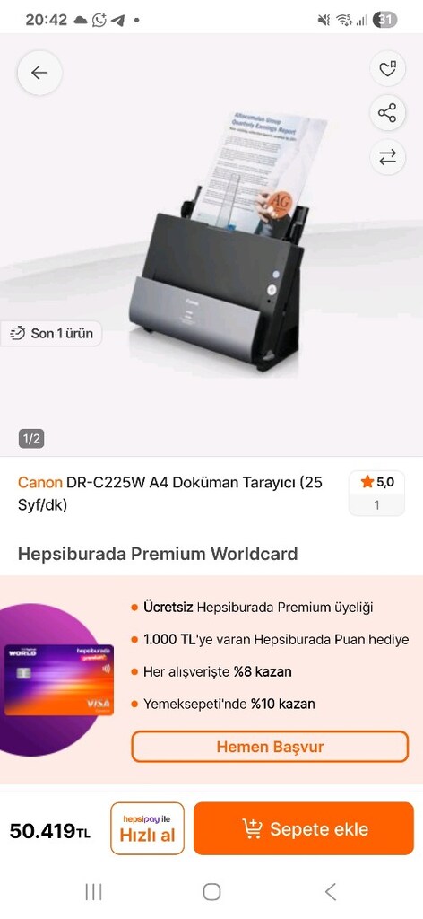 Hiç kullanmamış Canon Dr-C225W, Sıfır gibi. - 2