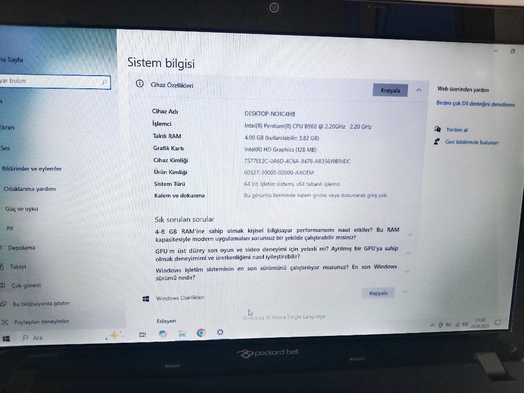 Packard bell Sorunsuz Tamir görmemiş Bataryası yenigibi 4 GB DDR3MEMOR - 4